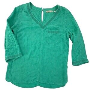 Soft Surroundings Teal Cotton Gauze V-Neck Blouse Top Crochet Trim Resort XS